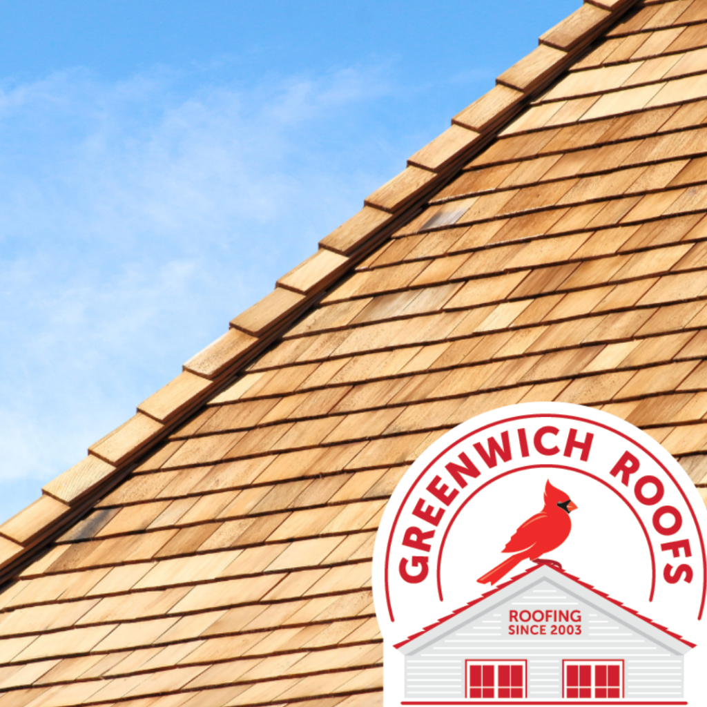 Cedar roof with Greenwich Roofs logo, symbolizing expert cedar roof care and preservation in Connecticut